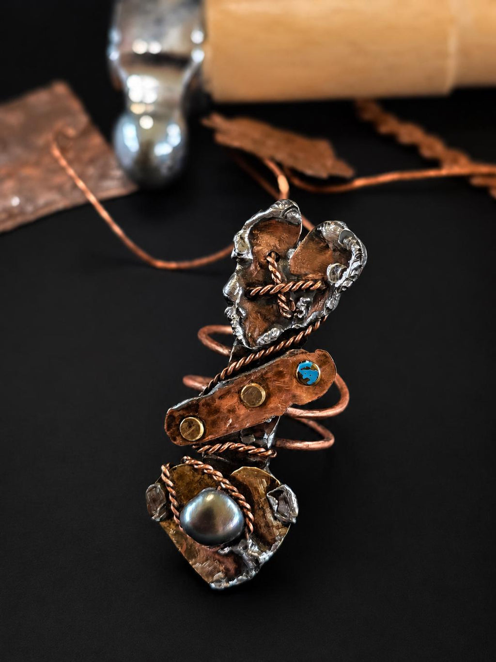 RESURGENT Statement Ring, Held Together Mixed Metal Copper Silver Heart Ring, Black Pearl Artisan Armor Ring