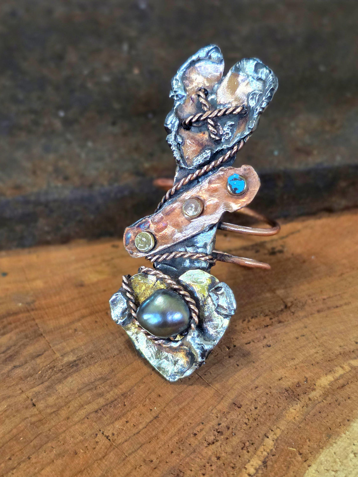 RESURGENT Statement Ring, Held Together Mixed Metal Copper Silver Heart Ring, Black Pearl Artisan Armor Ring