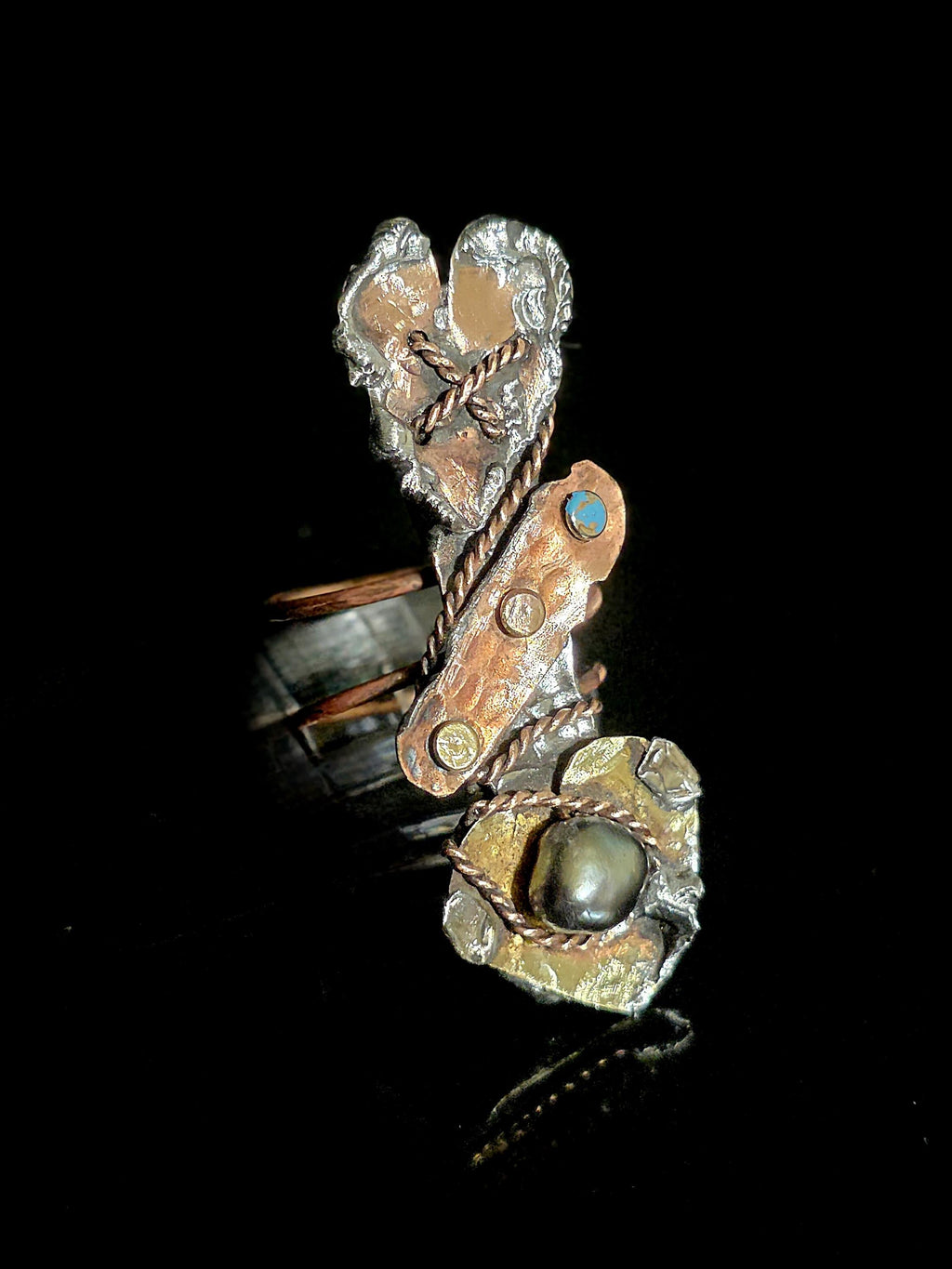 RESURGENT Statement Ring, Held Together Mixed Metal Copper Silver Heart Ring, Black Pearl Artisan Armor Ring