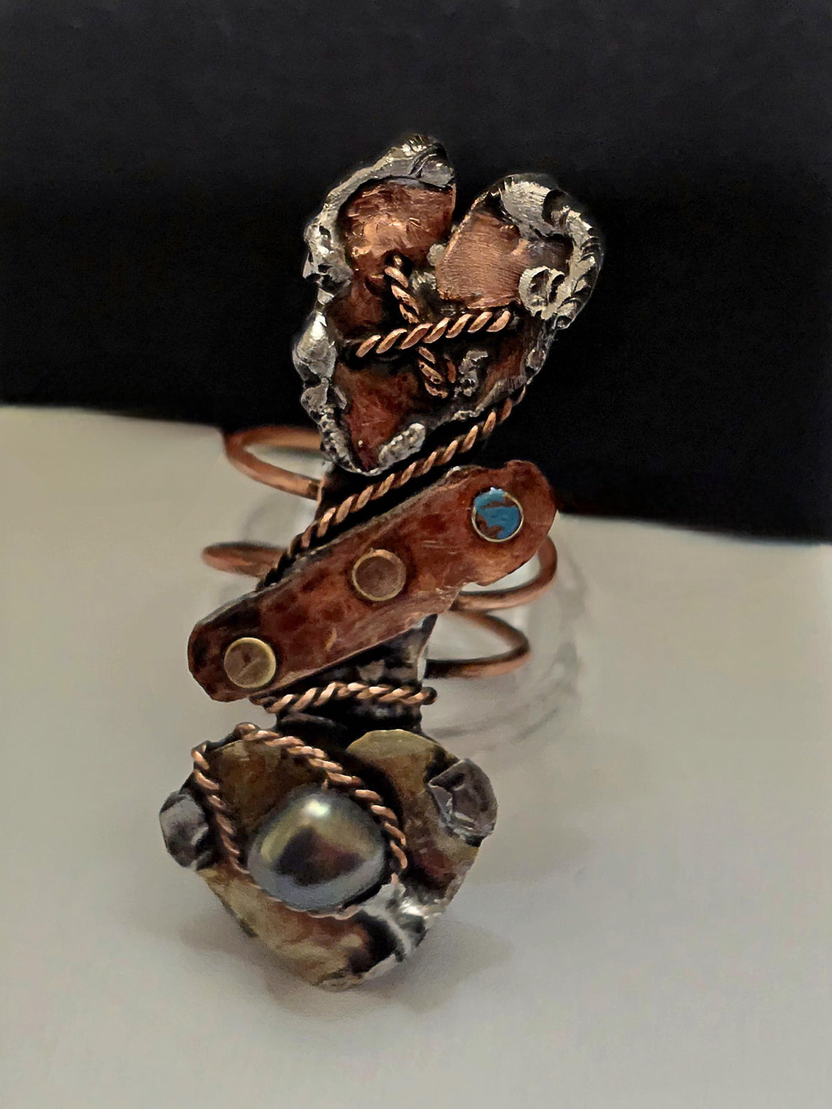 RESURGENT Statement Ring, Held Together Mixed Metal Copper Silver Heart Ring, Black Pearl Artisan Armor Ring