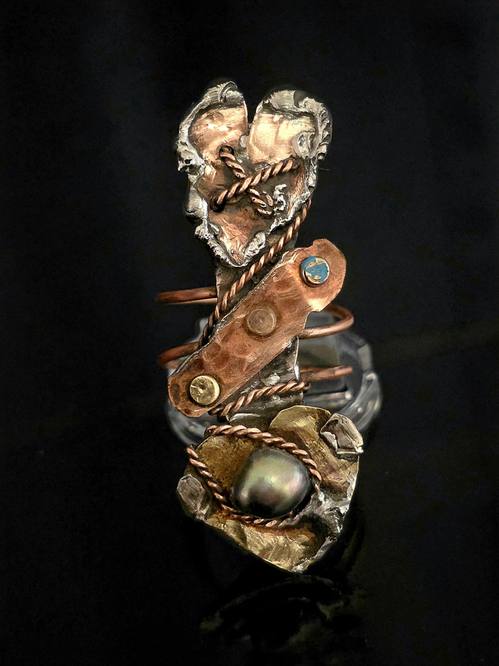 RESURGENT Statement Ring, Held Together Mixed Metal Copper Silver Heart Ring, Black Pearl Artisan Armor Ring