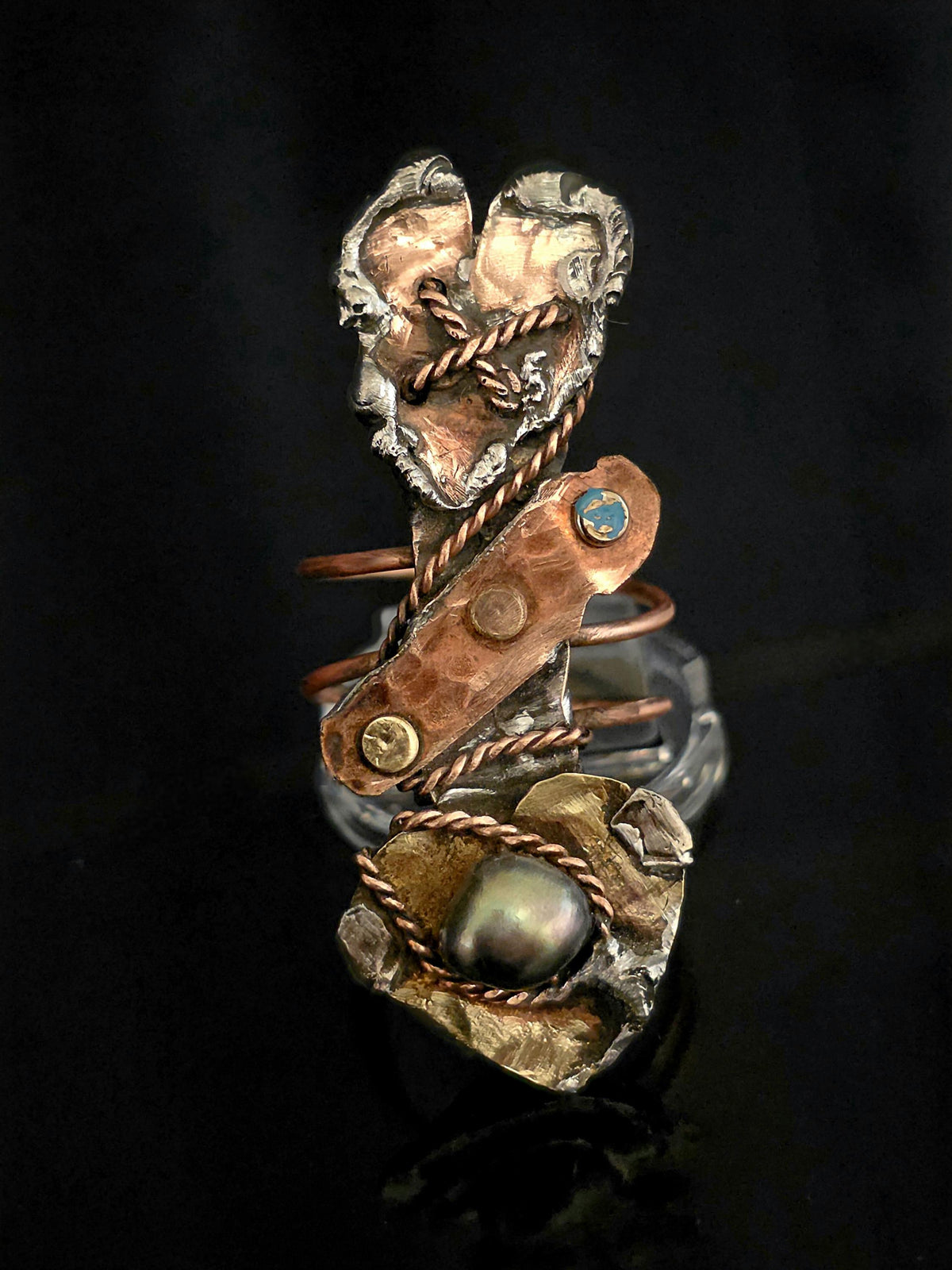 RESURGENT Statement Ring, Held Together Mixed Metal Copper Silver Heart Ring, Black Pearl Artisan Armor Ring