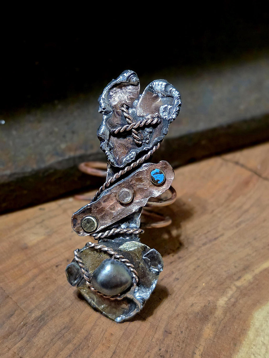 RESURGENT Statement Ring, Held Together Mixed Metal Copper Silver Heart Ring, Black Pearl Artisan Armor Ring
