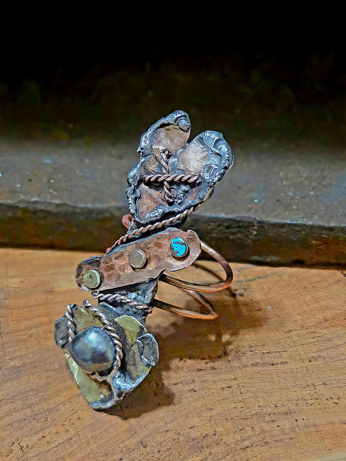 RESURGENT Statement Ring, Held Together Mixed Metal Copper Silver Heart Ring, Black Pearl Artisan Armor Ring
