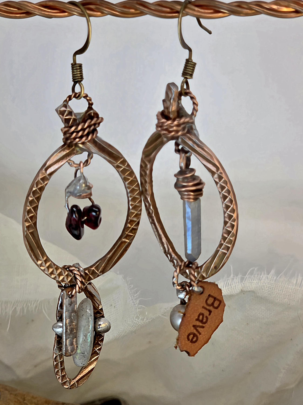 RESURGENT Brave Anyway Earrings, Mixed Metal Copper Hoop Earrings, Crystal Pearl Asymmetrical Artisan Earrings