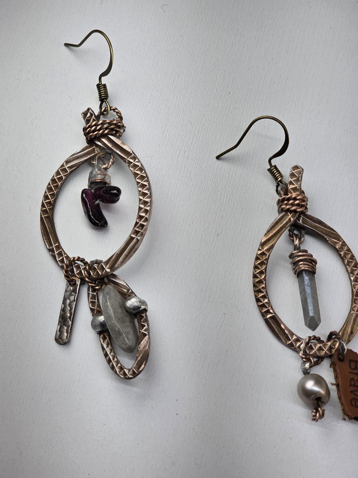 RESURGENT Brave Anyway Earrings, Mixed Metal Copper Hoop Earrings, Crystal Pearl Asymmetrical Artisan Earrings