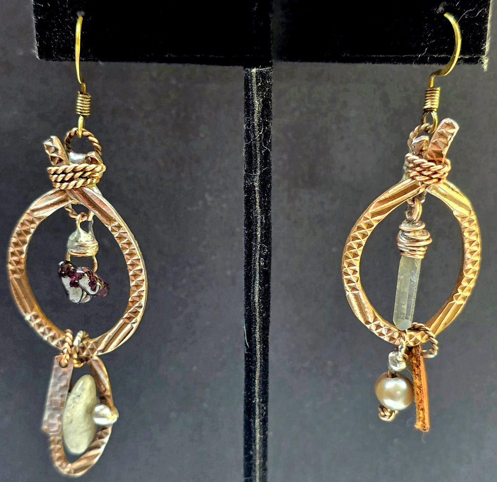 RESURGENT Brave Anyway Earrings, Mixed Metal Copper Hoop Earrings, Crystal Pearl Asymmetrical Artisan Earrings