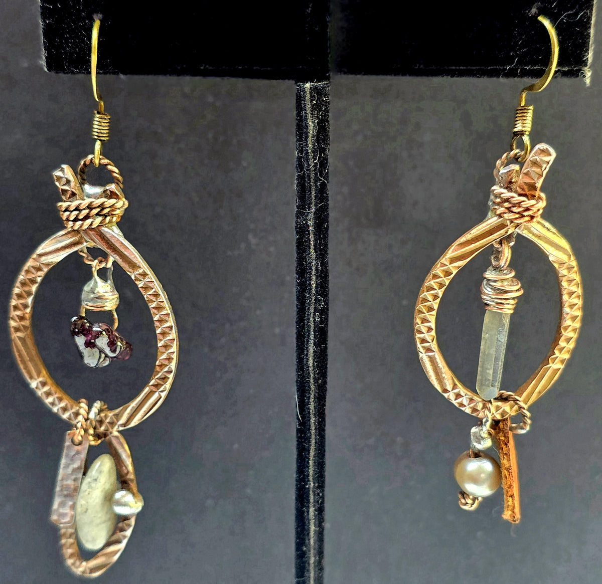 RESURGENT Brave Anyway Earrings, Mixed Metal Copper Hoop Earrings, Crystal Pearl Asymmetrical Artisan Earrings