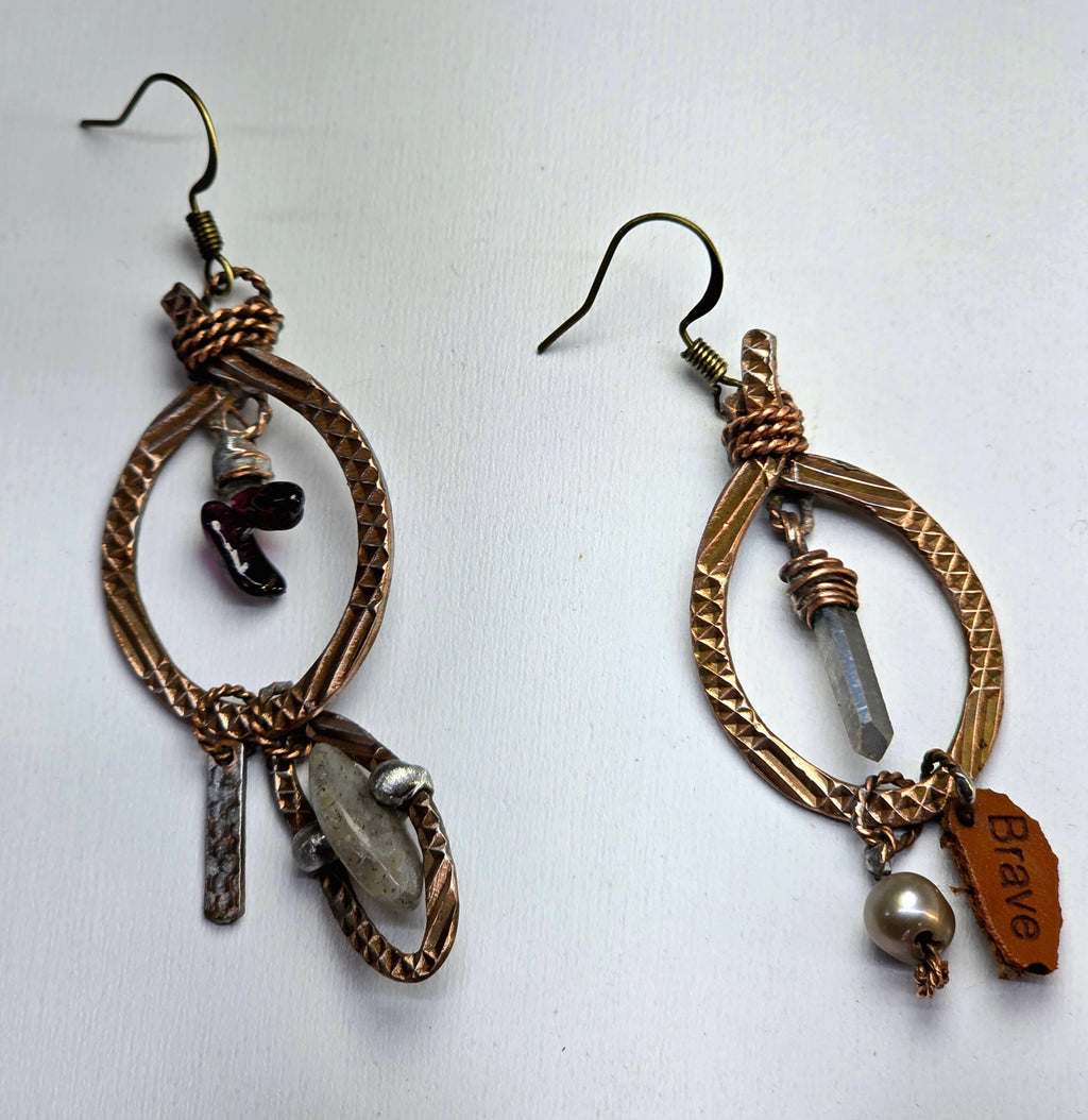 RESURGENT Brave Anyway Earrings, Mixed Metal Copper Hoop Earrings, Crystal Pearl Asymmetrical Artisan Earrings