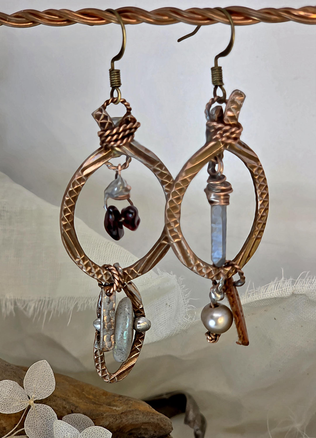 RESURGENT Brave Anyway Earrings, Mixed Metal Copper Hoop Earrings, Crystal Pearl Asymmetrical Artisan Earrings
