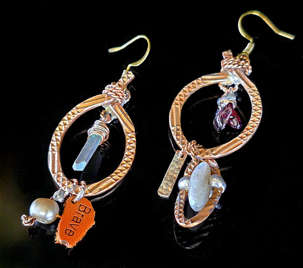 RESURGENT Brave Anyway Earrings, Mixed Metal Copper Hoop Earrings, Crystal Pearl Asymmetrical Artisan Earrings
