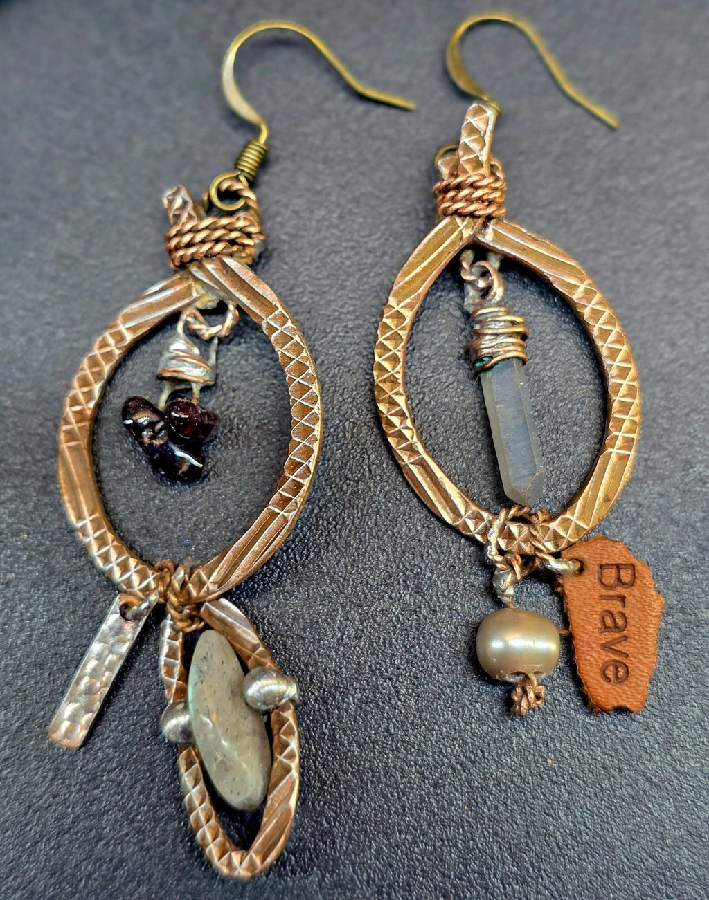 RESURGENT Brave Anyway Earrings, Mixed Metal Copper Hoop Earrings, Crystal Pearl Asymmetrical Artisan Earrings