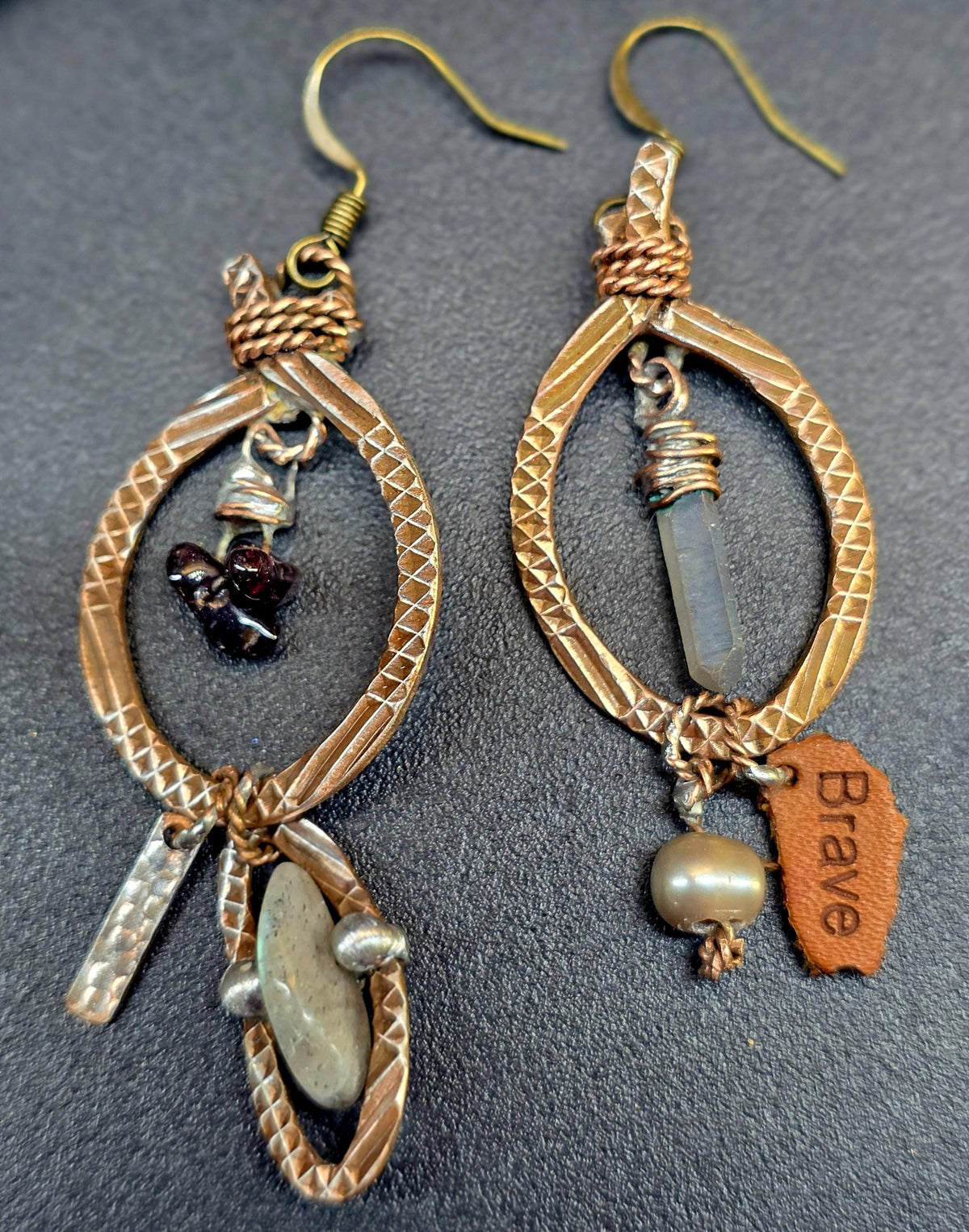 RESURGENT Brave Anyway Earrings, Mixed Metal Copper Hoop Earrings, Crystal Pearl Asymmetrical Artisan Earrings