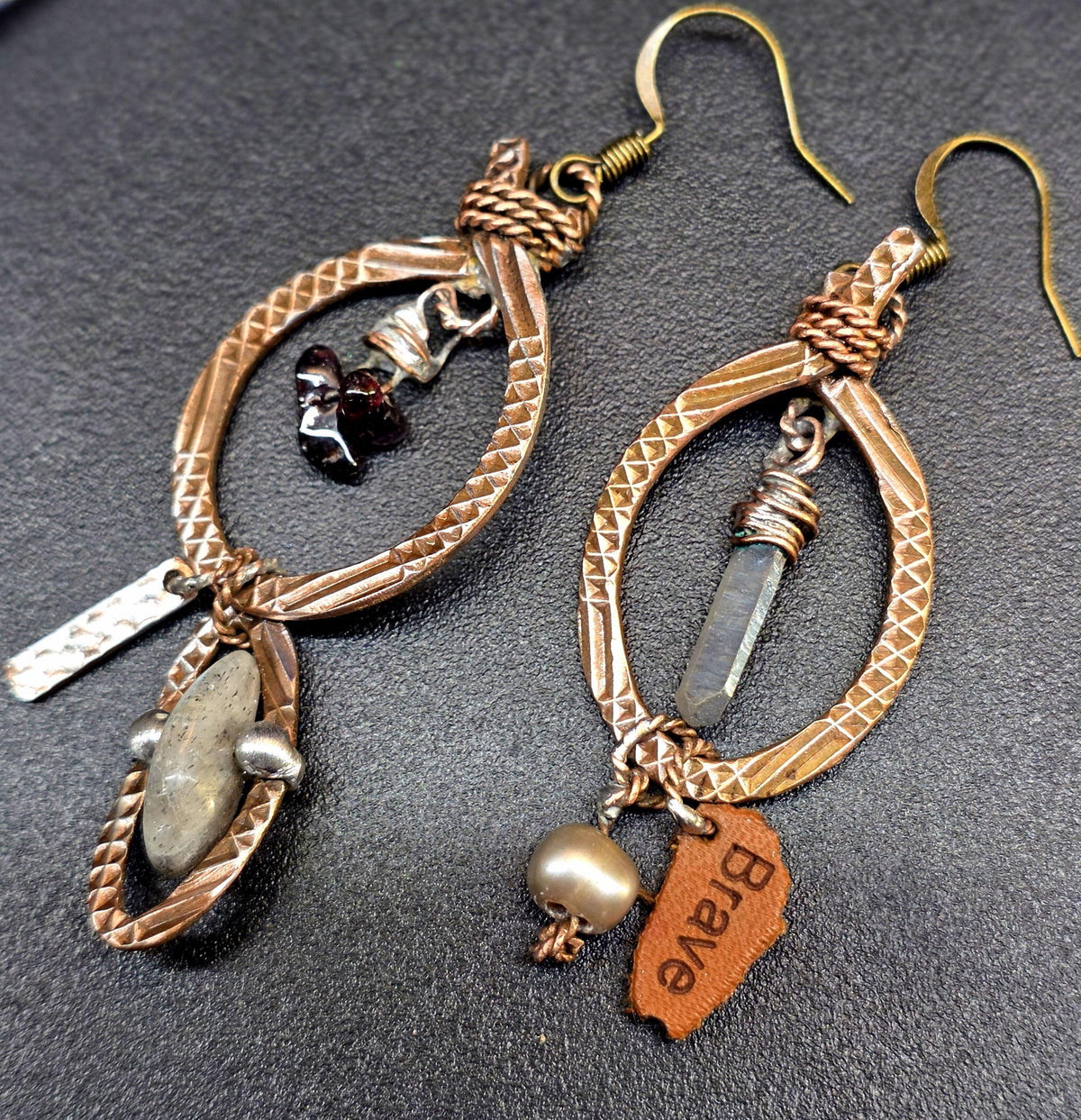 RESURGENT Brave Anyway Earrings, Mixed Metal Copper Hoop Earrings, Crystal Pearl Asymmetrical Artisan Earrings