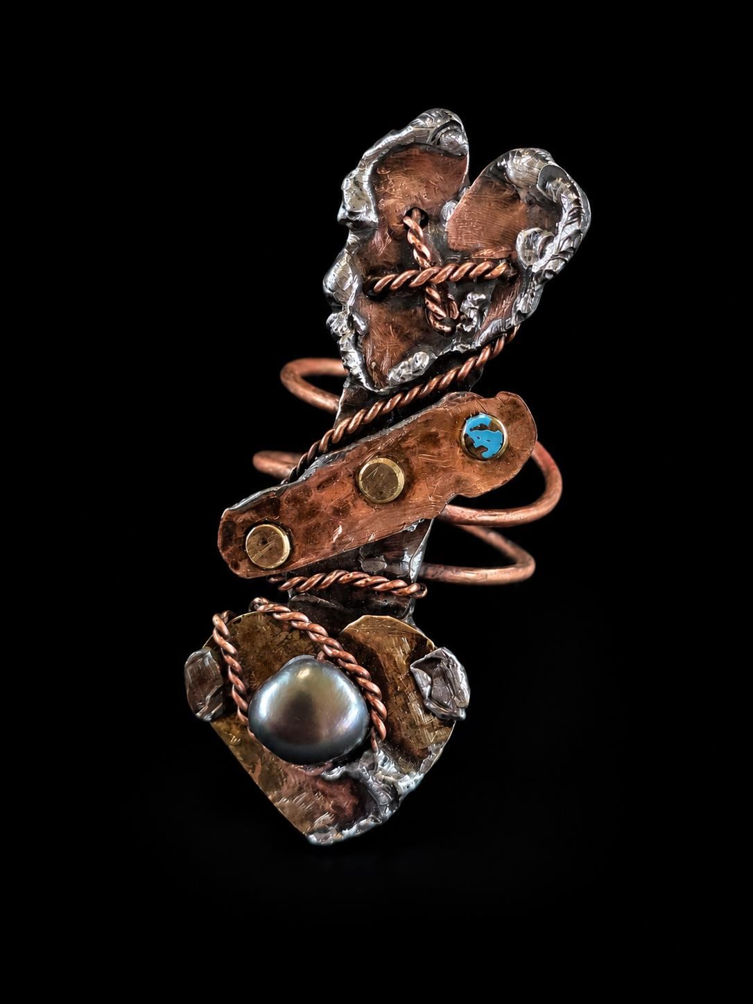 RESURGENT Statement Ring, Held Together Mixed Metal Copper Silver Heart Ring, Black Pearl Artisan Armor Ring