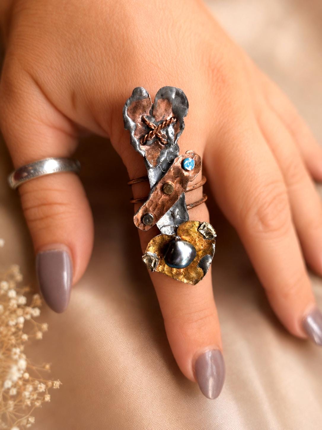 RESURGENT Statement Ring, Held Together Mixed Metal Copper Silver Heart Ring, Black Pearl Artisan Armor Ring
