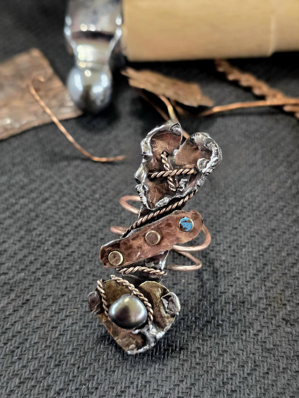 RESURGENT Statement Ring, Held Together Mixed Metal Copper Silver Heart Ring, Black Pearl Artisan Armor Ring