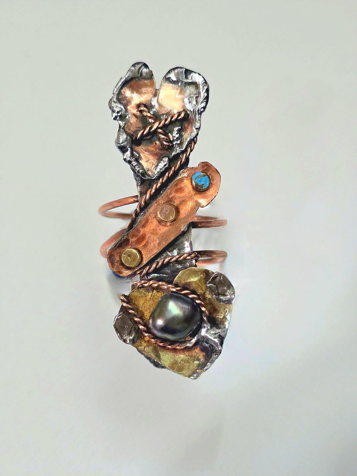 RESURGENT Statement Ring, Held Together Mixed Metal Copper Silver Heart Ring, Black Pearl Artisan Armor Ring