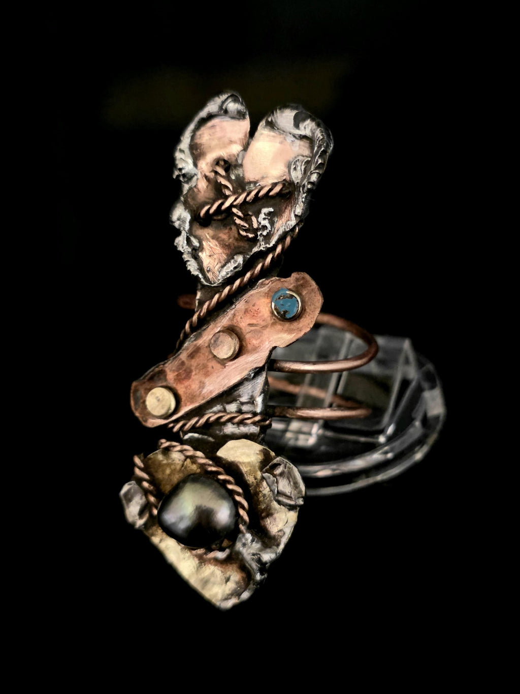 RESURGENT Statement Ring, Held Together Mixed Metal Copper Silver Heart Ring, Black Pearl Artisan Armor Ring