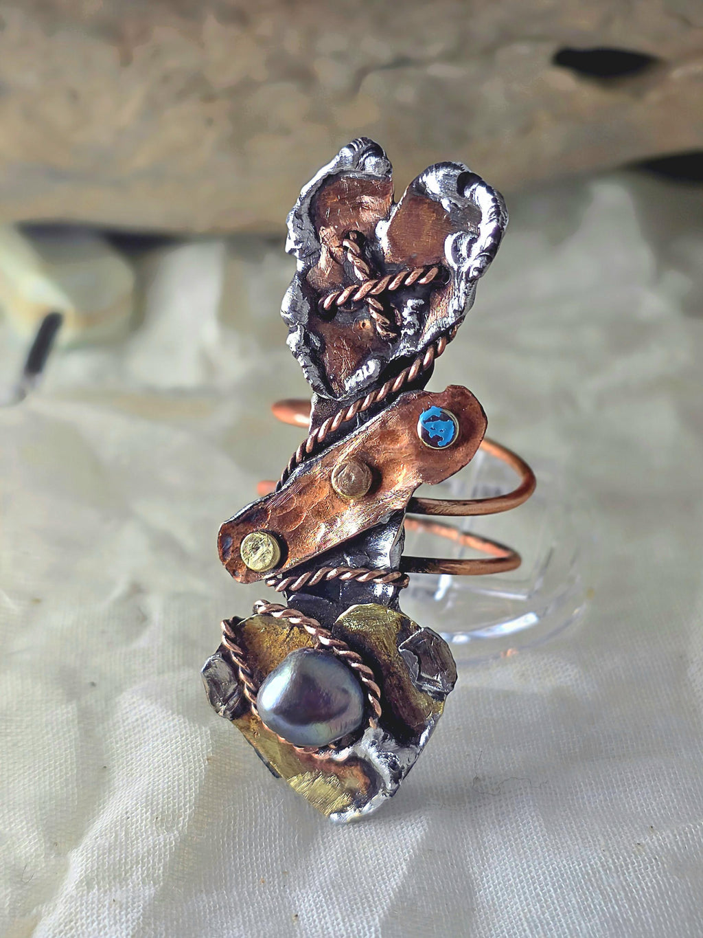 RESURGENT Statement Ring, Held Together Mixed Metal Copper Silver Heart Ring, Black Pearl Artisan Armor Ring