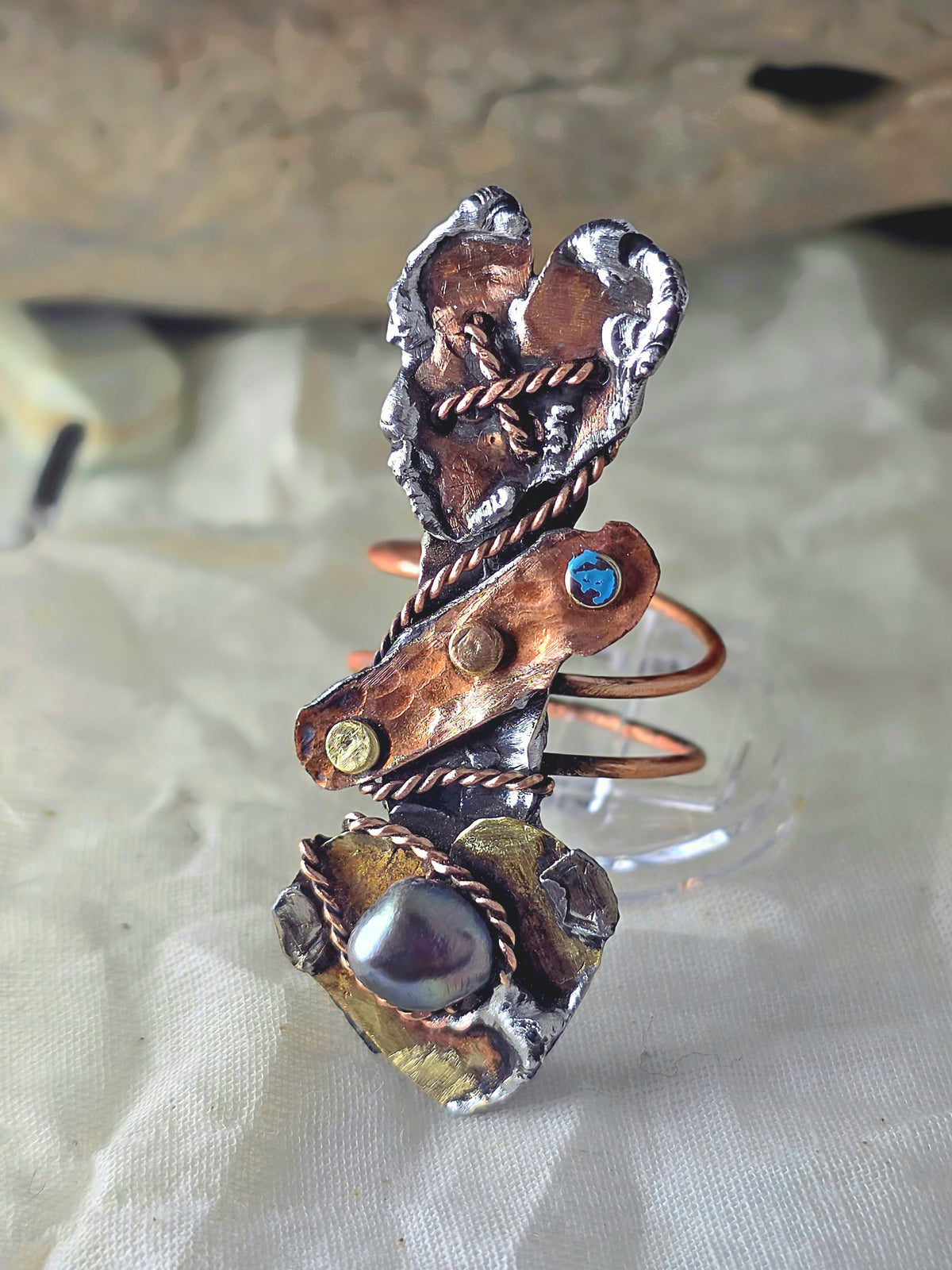 RESURGENT Statement Ring, Held Together Mixed Metal Copper Silver Heart Ring, Black Pearl Artisan Armor Ring