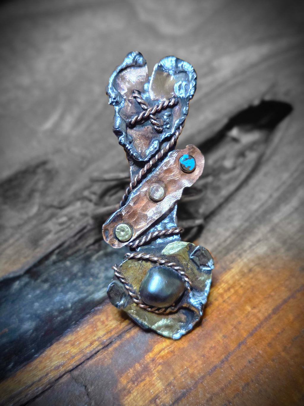 RESURGENT Statement Ring, Held Together Mixed Metal Copper Silver Heart Ring, Black Pearl Artisan Armor Ring