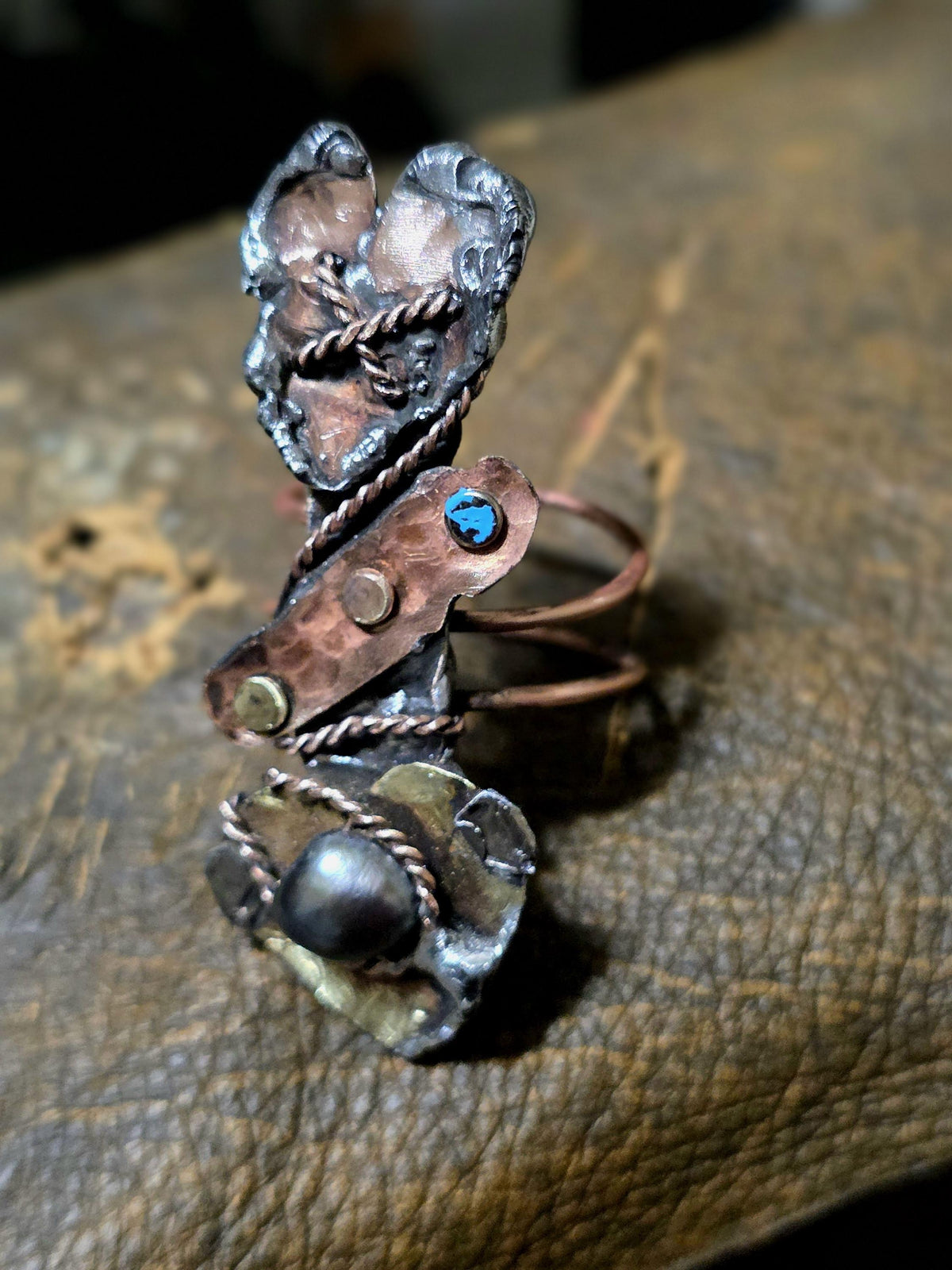 RESURGENT Statement Ring, Held Together Mixed Metal Copper Silver Heart Ring, Black Pearl Artisan Armor Ring