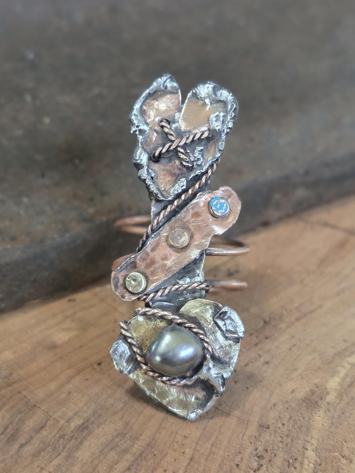 RESURGENT Statement Ring, Held Together Mixed Metal Copper Silver Heart Ring, Black Pearl Artisan Armor Ring