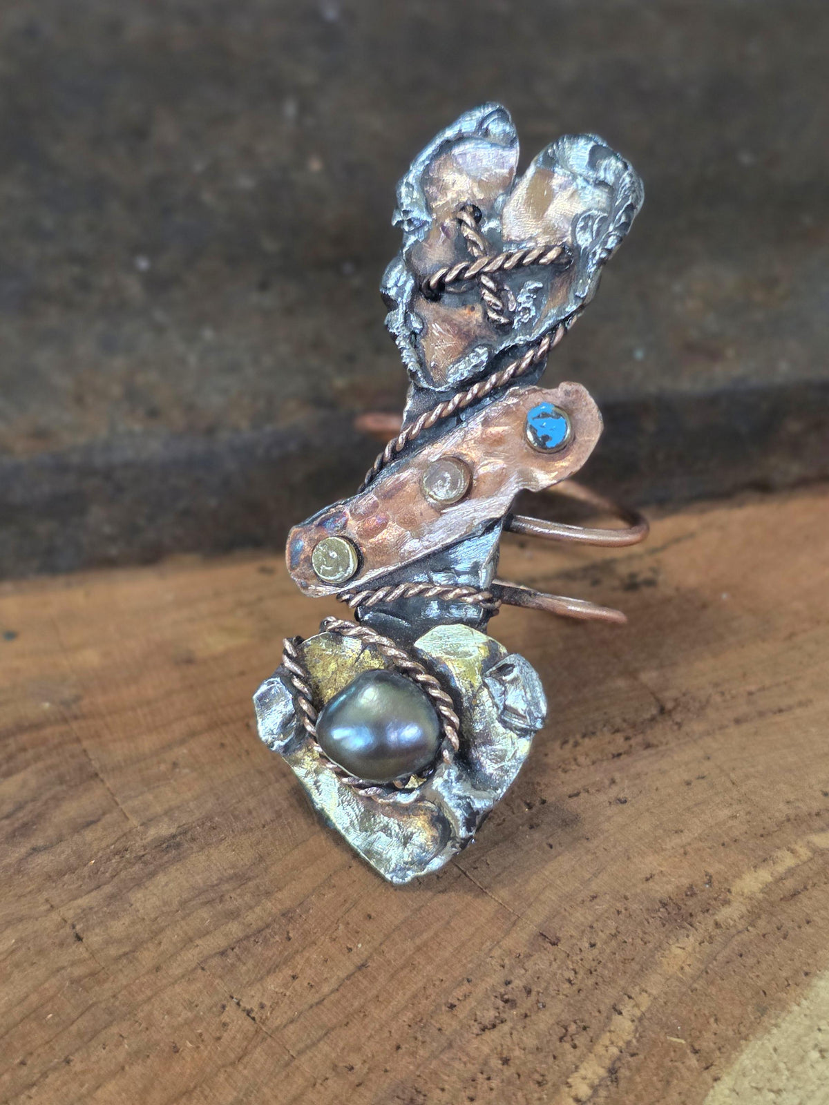 RESURGENT Statement Ring, Held Together Mixed Metal Copper Silver Heart Ring, Black Pearl Artisan Armor Ring