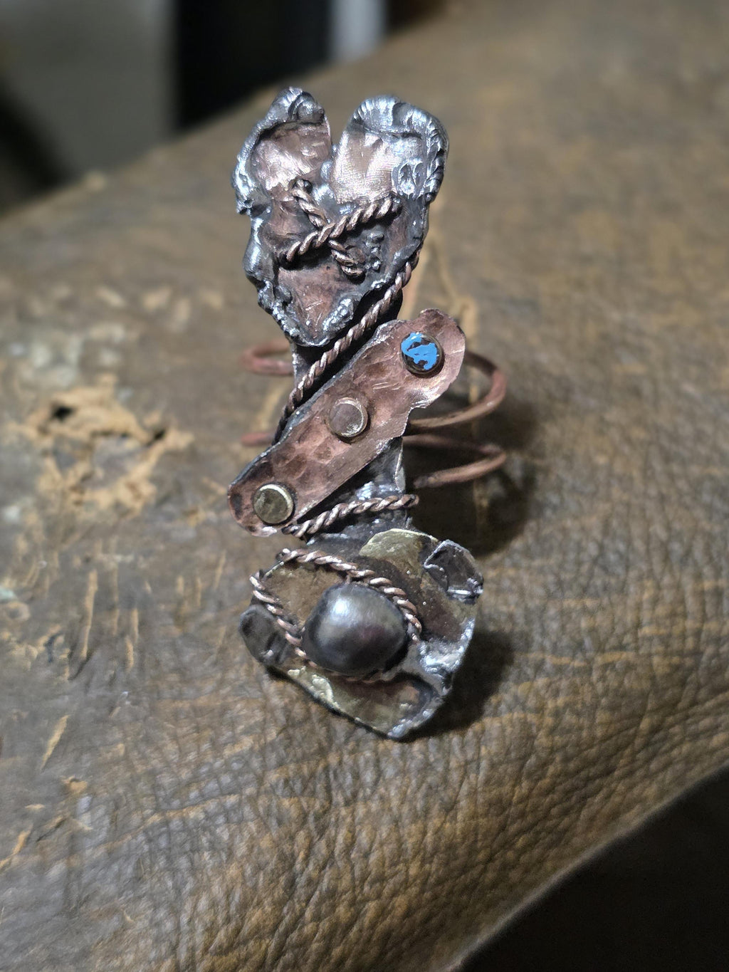 RESURGENT Statement Ring, Held Together Mixed Metal Copper Silver Heart Ring, Black Pearl Artisan Armor Ring