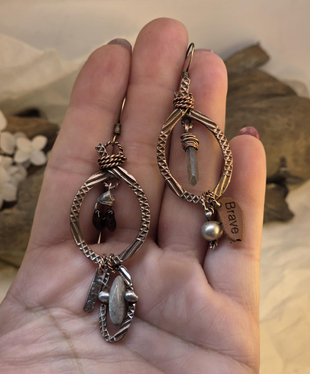 RESURGENT Brave Anyway Earrings, Mixed Metal Copper Hoop Earrings, Crystal Pearl Asymmetrical Artisan Earrings