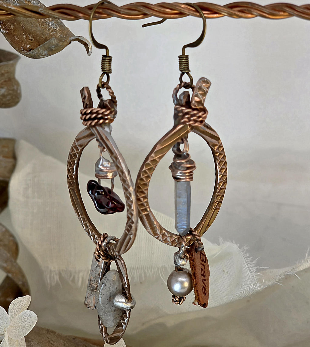 RESURGENT Brave Anyway Earrings, Mixed Metal Copper Hoop Earrings, Crystal Pearl Asymmetrical Artisan Earrings