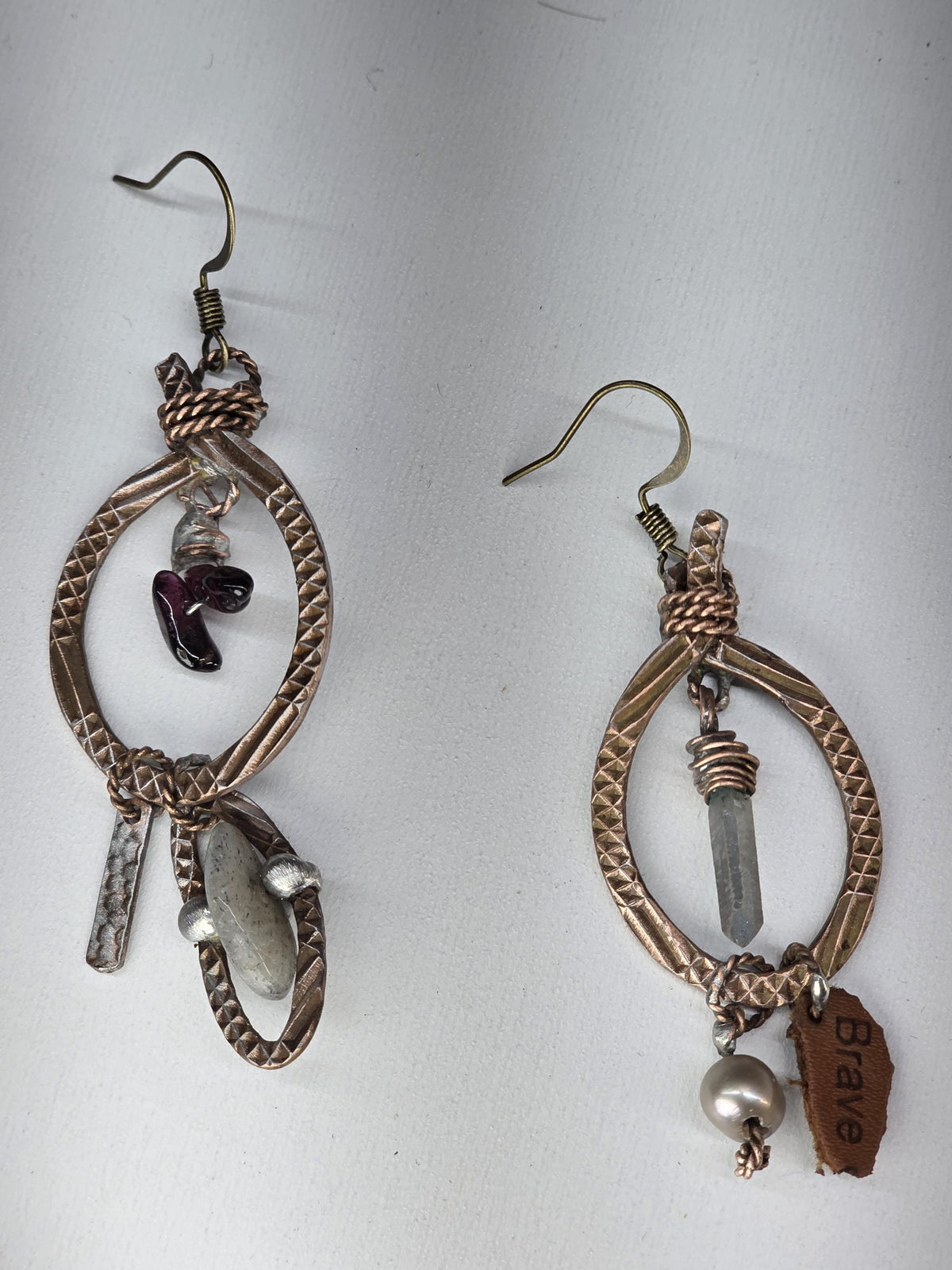 RESURGENT Brave Anyway Earrings, Mixed Metal Copper Hoop Earrings, Crystal Pearl Asymmetrical Artisan Earrings