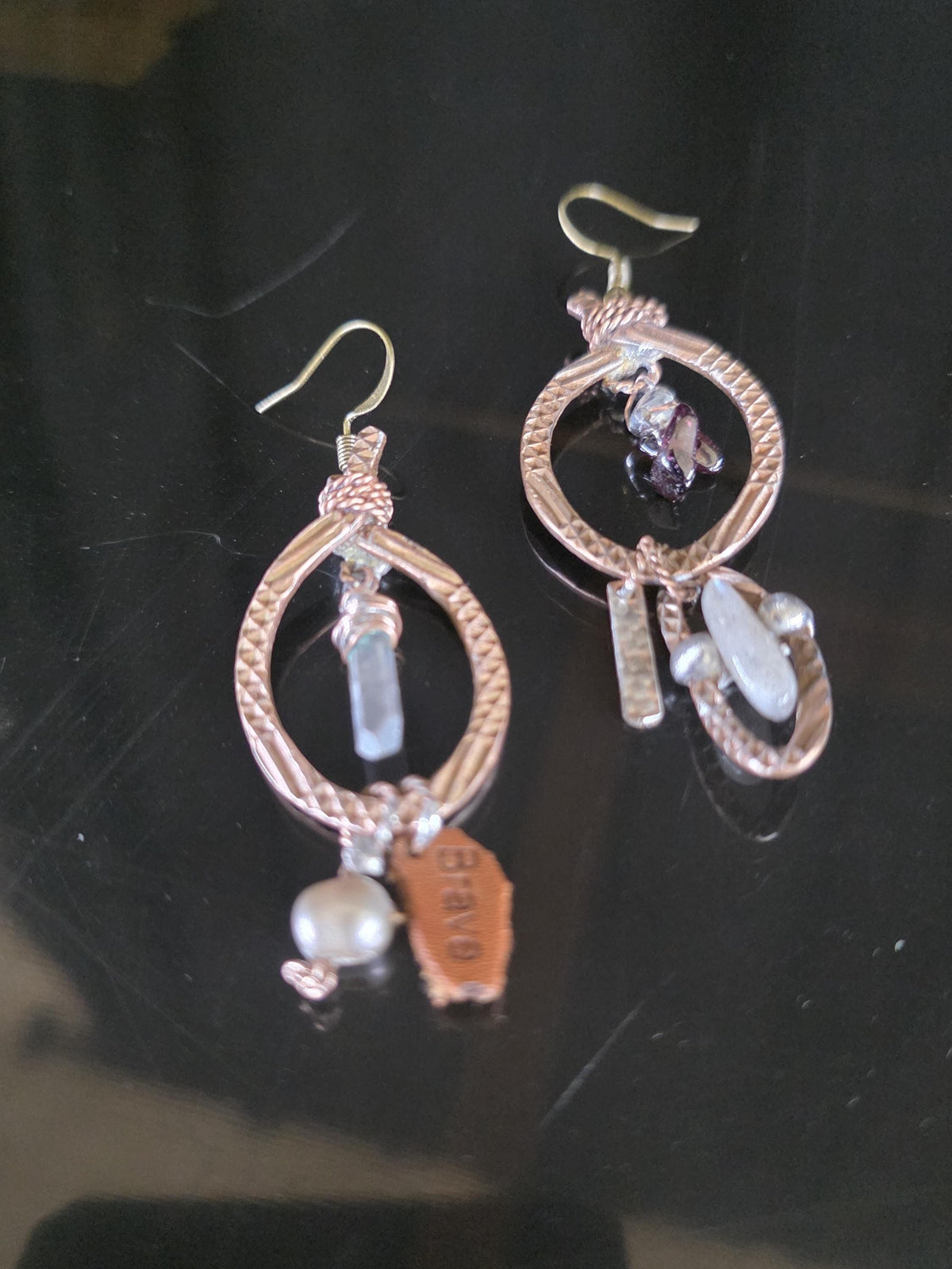 RESURGENT Brave Anyway Earrings, Mixed Metal Copper Hoop Earrings, Crystal Pearl Asymmetrical Artisan Earrings
