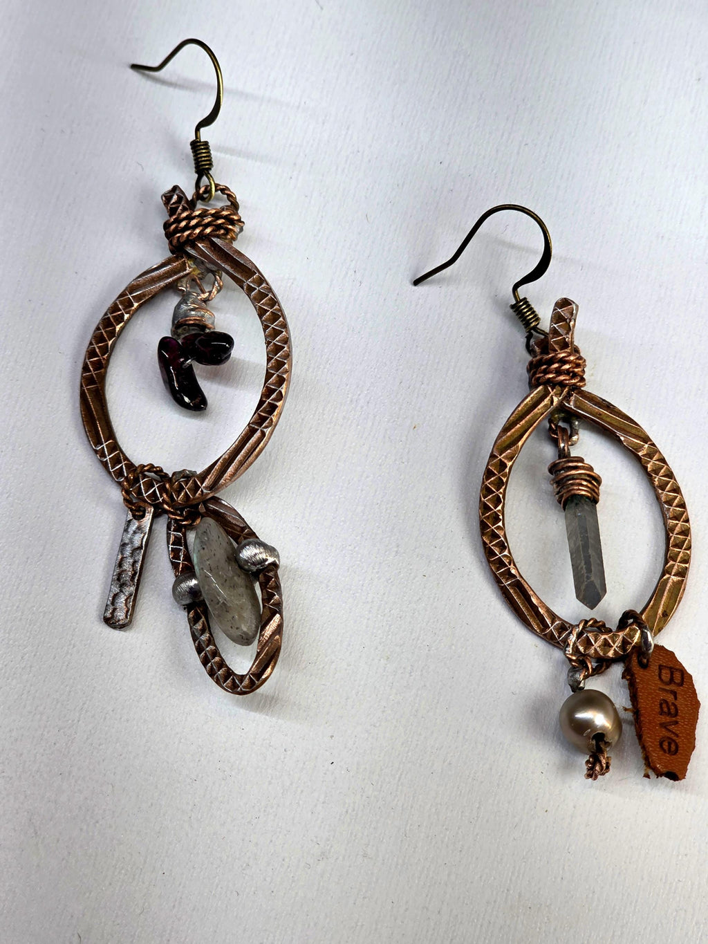 RESURGENT Brave Anyway Earrings, Mixed Metal Copper Hoop Earrings, Crystal Pearl Asymmetrical Artisan Earrings