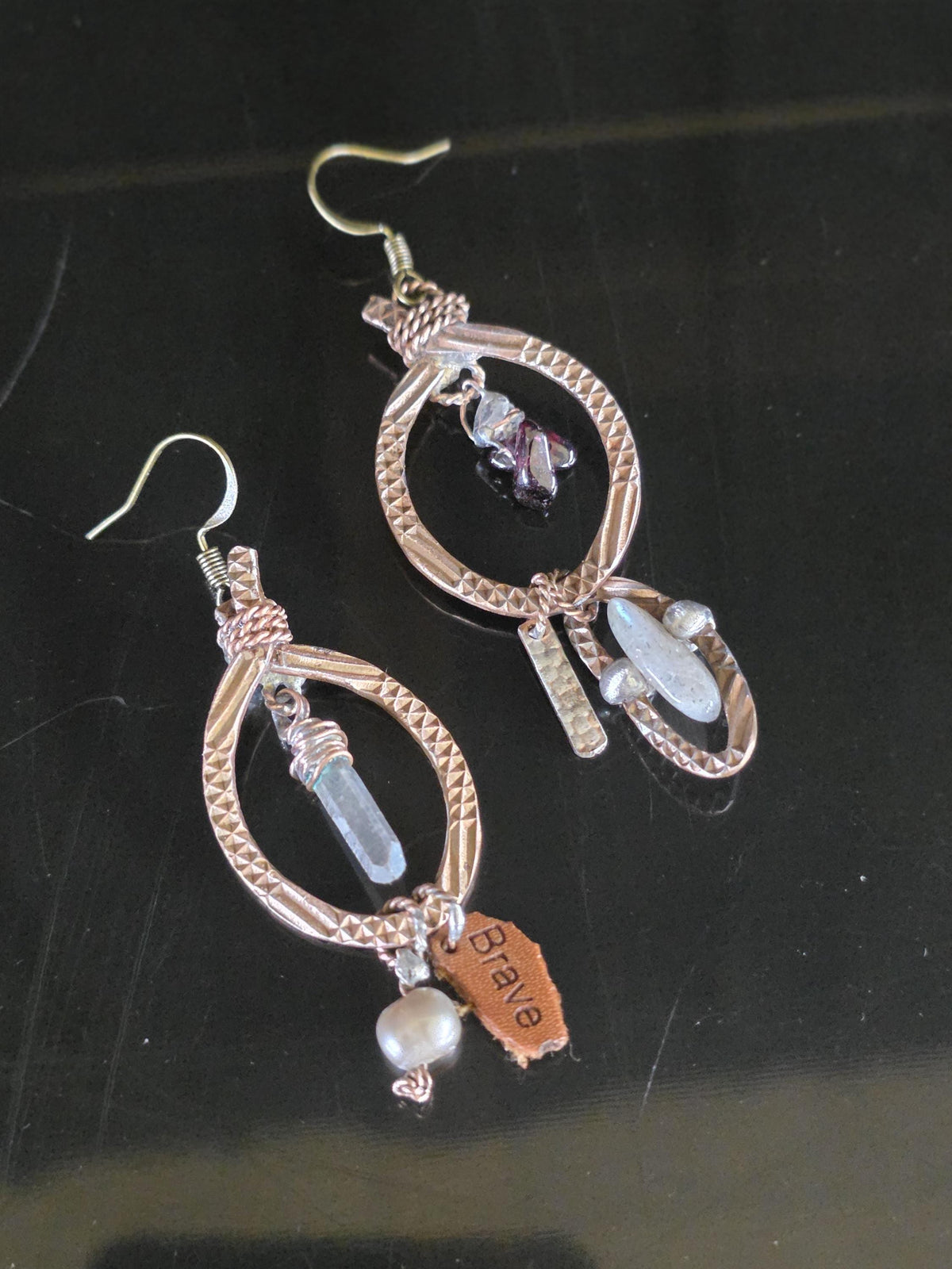 RESURGENT Brave Anyway Earrings, Mixed Metal Copper Hoop Earrings, Crystal Pearl Asymmetrical Artisan Earrings