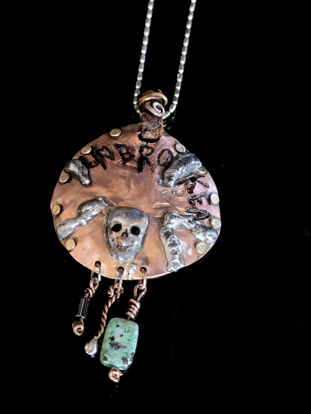 UNBROKEN Skeletons at Our Door Necklace | Handmade Copper Shield Pendant | Skull and Turquoise Survivor Jewelry