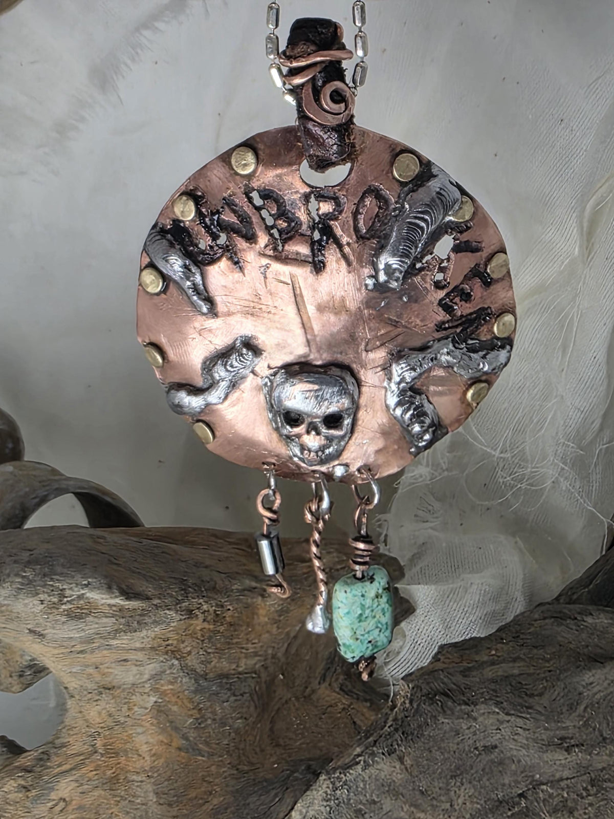 UNBROKEN Skeletons at Our Door Necklace | Handmade Copper Shield Pendant | Skull and Turquoise Survivor Jewelry