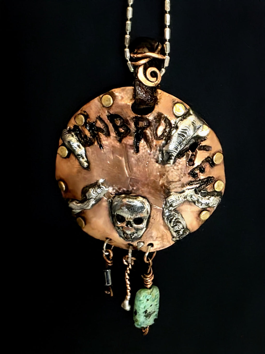 UNBROKEN Skeletons at Our Door Necklace | Handmade Copper Shield Pendant | Skull and Turquoise Survivor Jewelry