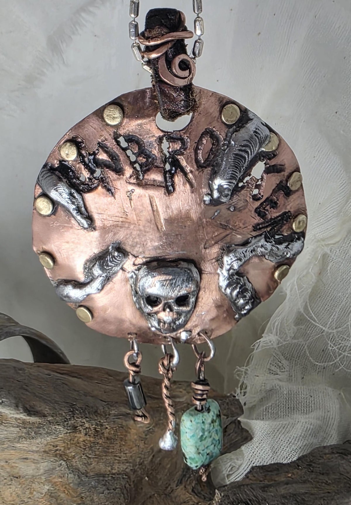 UNBROKEN Skeletons at Our Door Necklace | Handmade Copper Shield Pendant | Skull and Turquoise Survivor Jewelry
