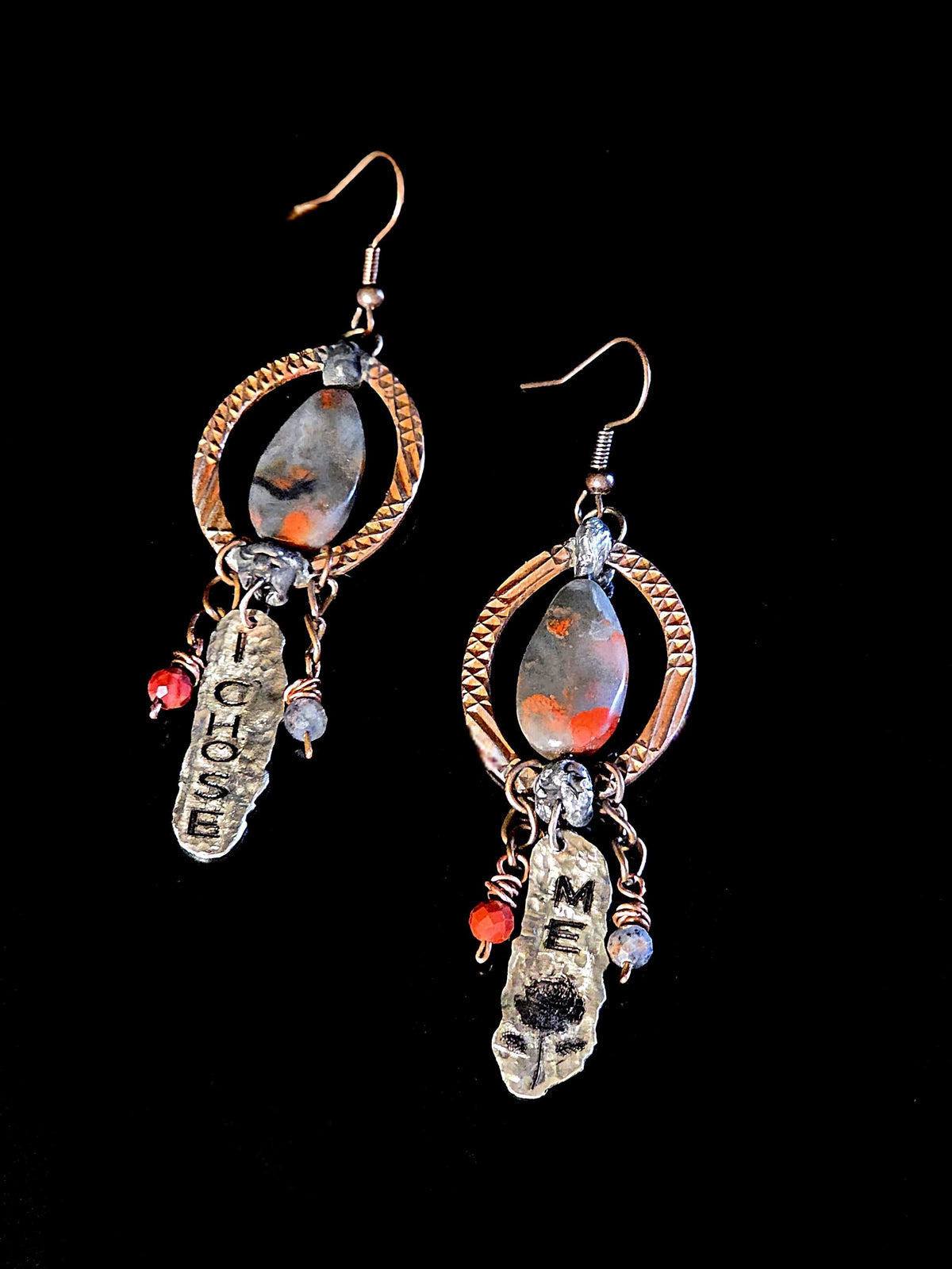 Just Me I Chose Me Earrings, Asymmetrical Copper Jasper Statement Earrings, Rustic Mixed Metal Boho