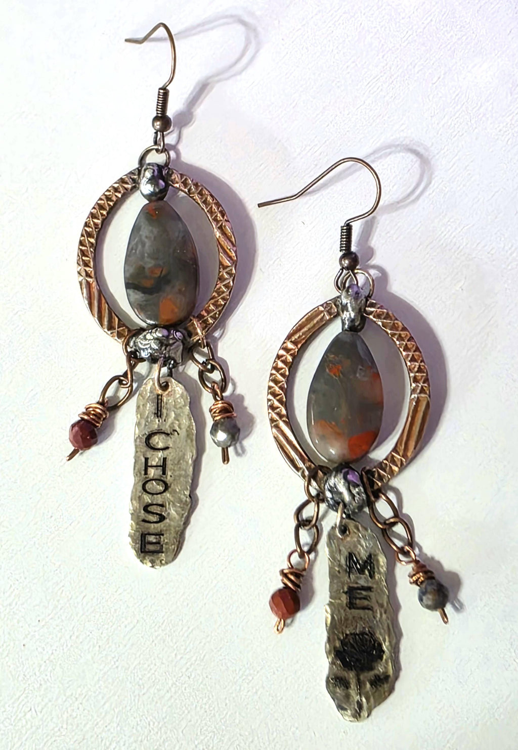 Just Me I Chose Me Earrings, Asymmetrical Copper Jasper Statement Earrings, Rustic Mixed Metal Boho