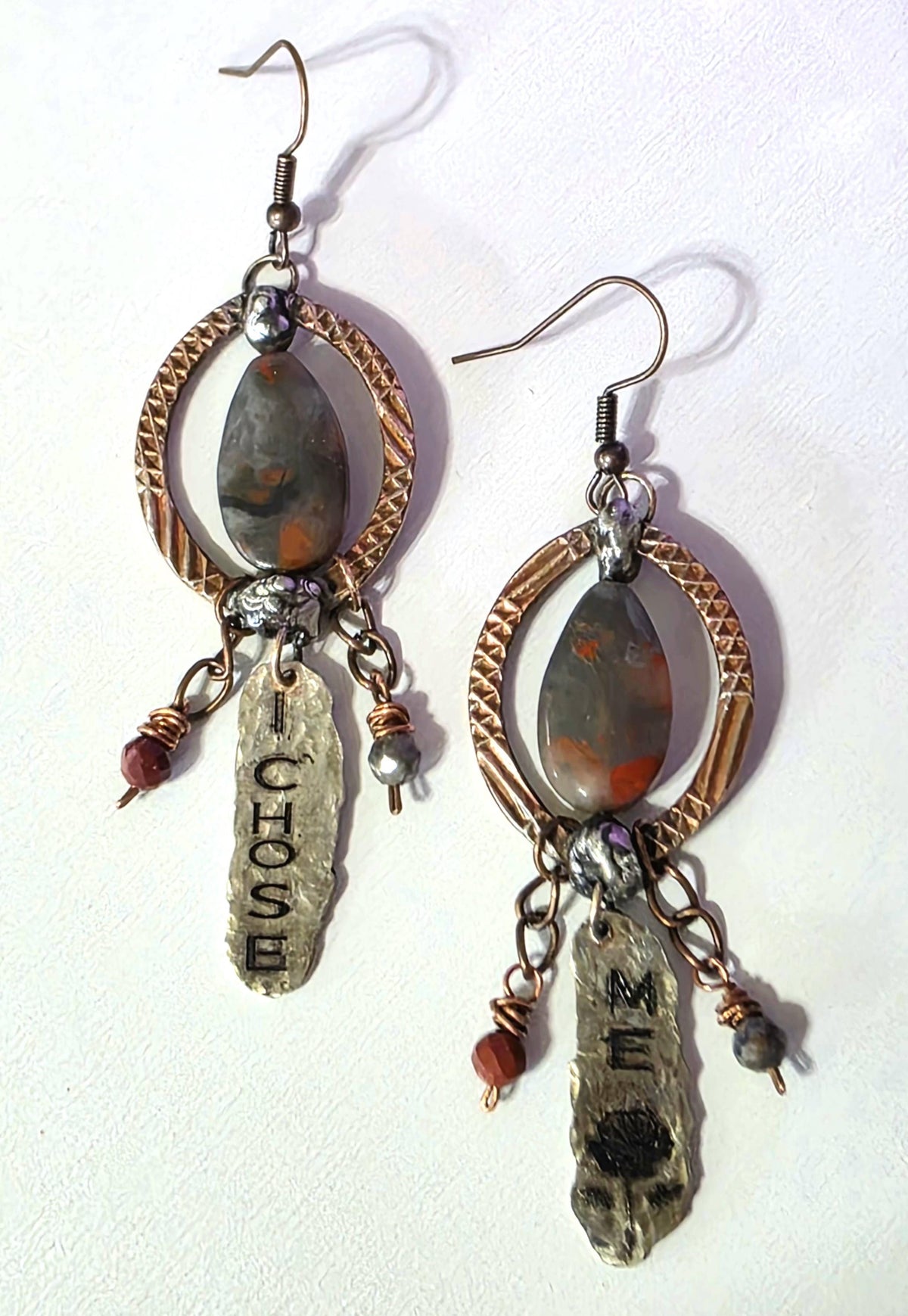 Just Me I Chose Me Earrings, Asymmetrical Copper Jasper Statement Earrings, Rustic Mixed Metal Boho