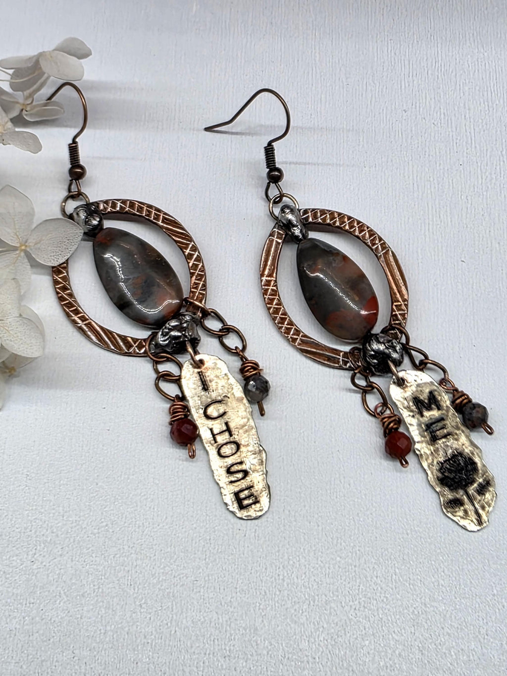 Just Me I Chose Me Earrings, Asymmetrical Copper Jasper Statement Earrings, Rustic Mixed Metal Boho
