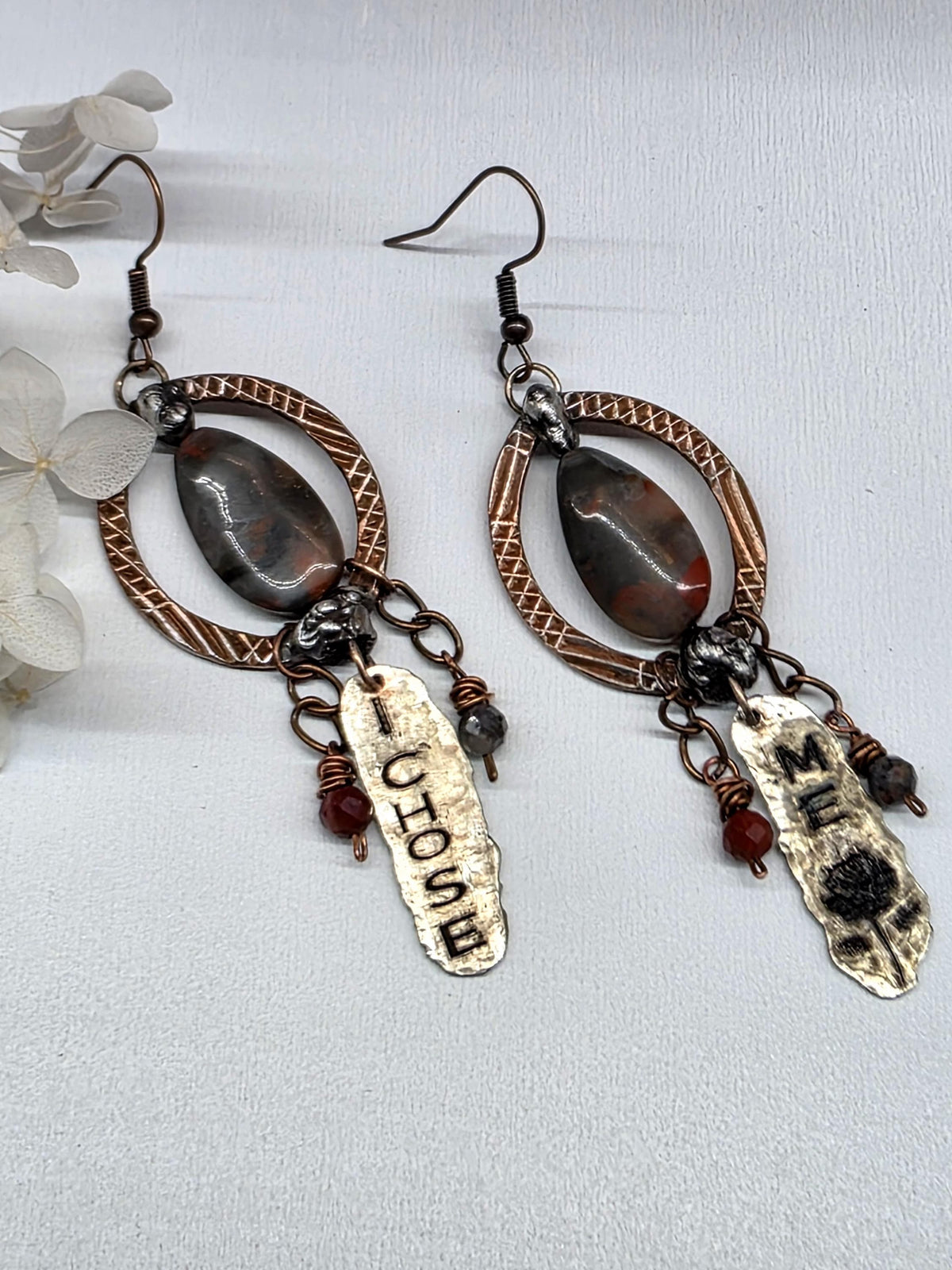 Just Me I Chose Me Earrings, Asymmetrical Copper Jasper Statement Earrings, Rustic Mixed Metal Boho