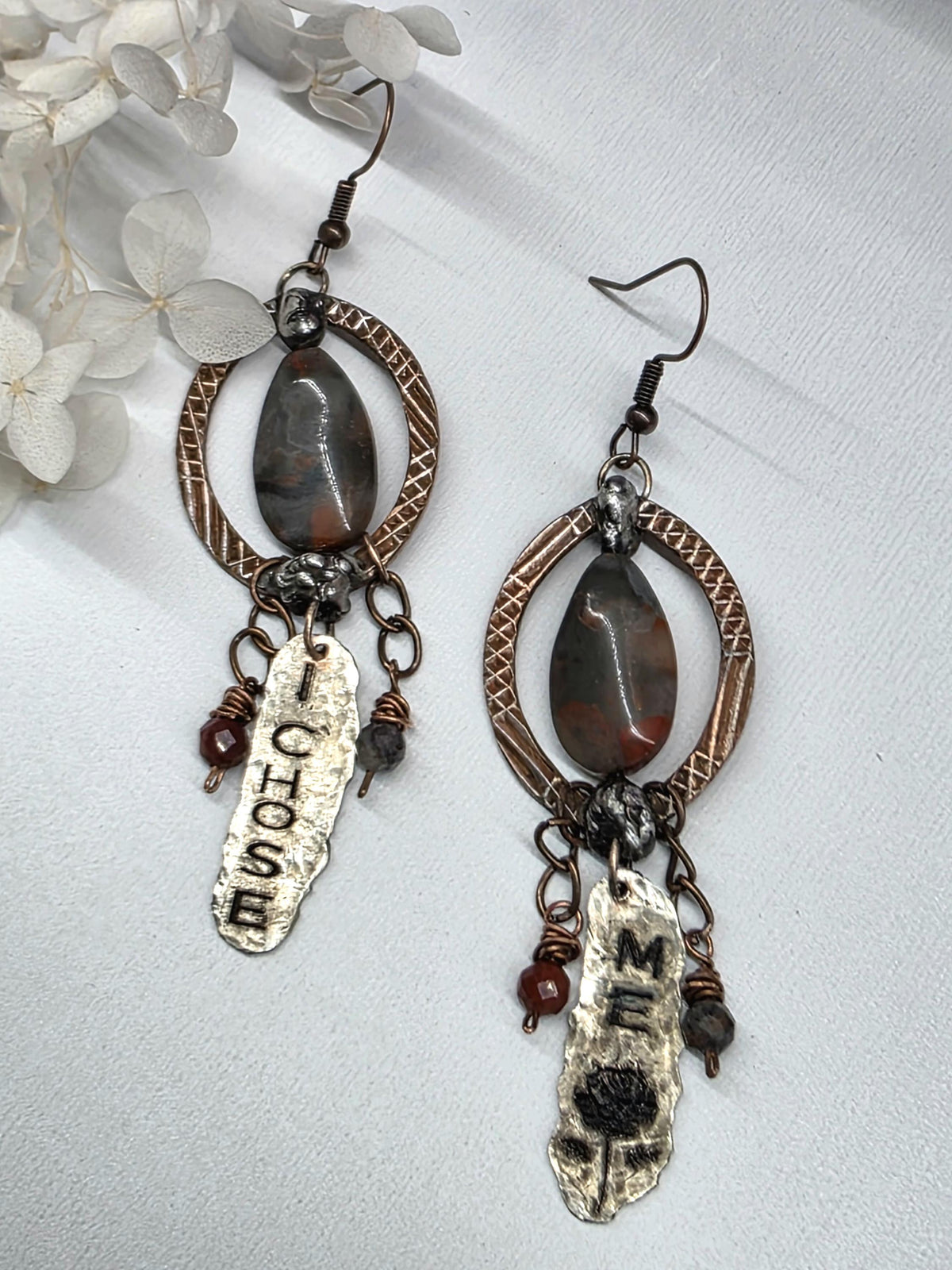Just Me I Chose Me Earrings, Asymmetrical Copper Jasper Statement Earrings, Rustic Mixed Metal Boho