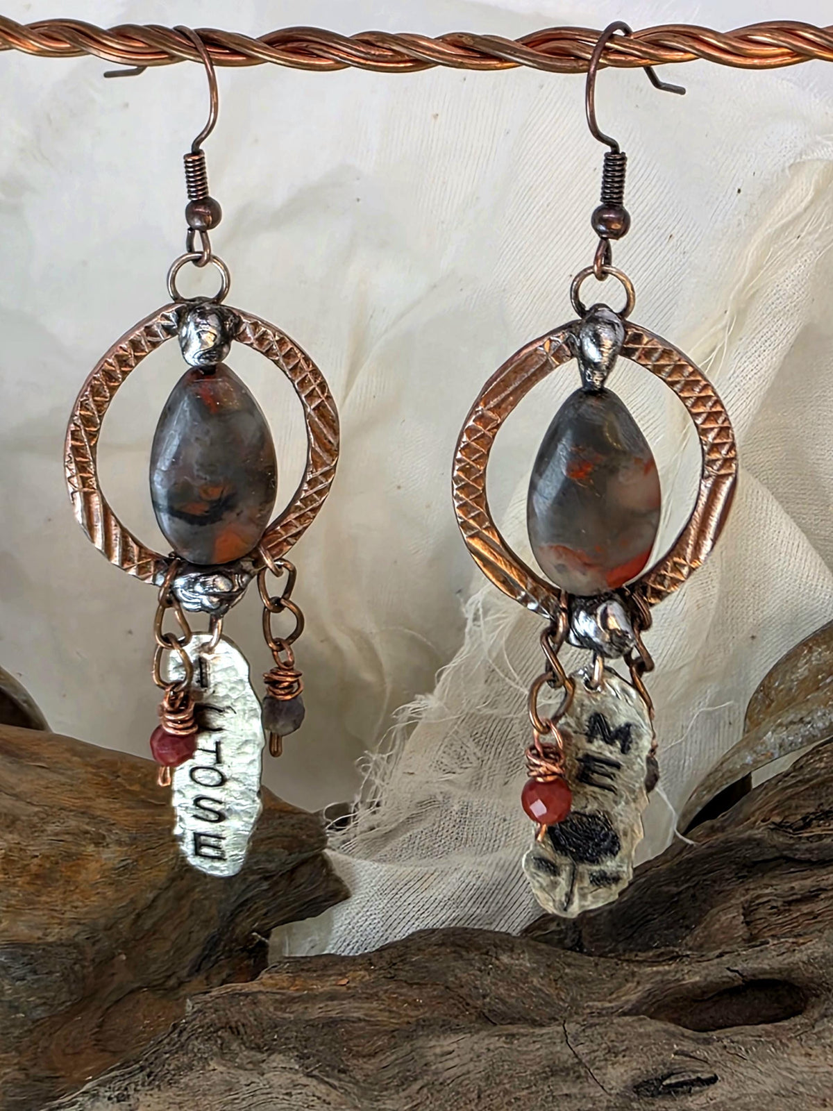 Just Me I Chose Me Earrings, Asymmetrical Copper Jasper Statement Earrings, Rustic Mixed Metal Boho