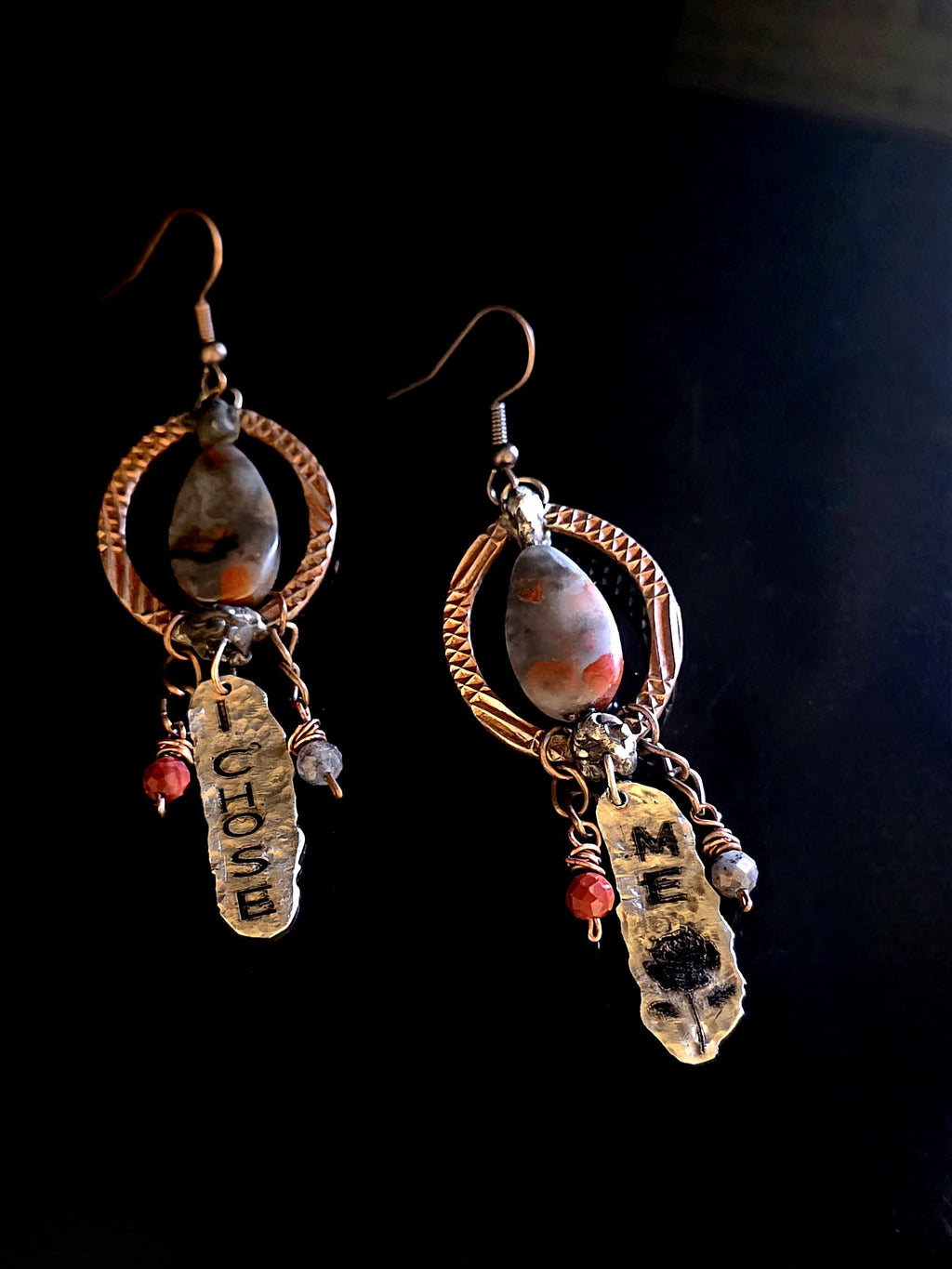 Just Me I Chose Me Earrings, Asymmetrical Copper Jasper Statement Earrings, Rustic Mixed Metal Boho