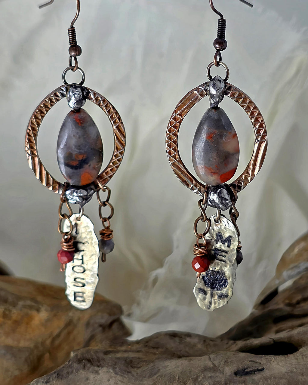 Just Me I Chose Me Earrings, Asymmetrical Copper Jasper Statement Earrings, Rustic Mixed Metal Boho