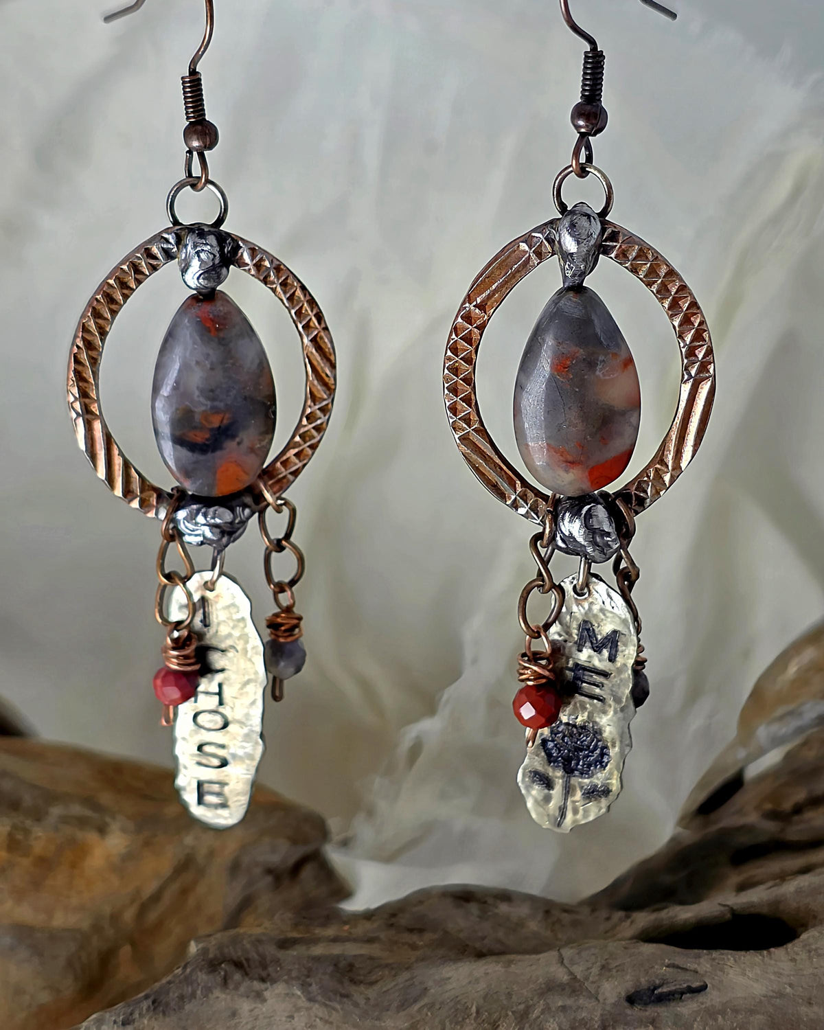 Just Me I Chose Me Earrings, Asymmetrical Copper Jasper Statement Earrings, Rustic Mixed Metal Boho